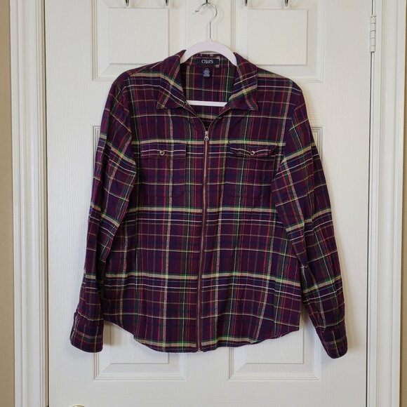 Chaps Ralph Lauren Women's Long Sleeve Plaid Zippered Shirt ~ Sz. Large ~ EUC ~ - Picture 1 of 4